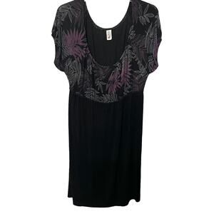 YUMMY PLUS SCOOP NECK MIDI A-LINE WAIST DRESS, WOMENS, 2X, BLACK W/PURPLE FLORAL